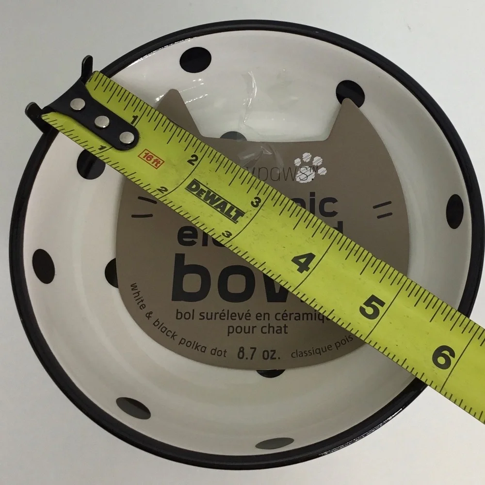 Elevated Cat Dish White & Black Ceramic Cat Bowl Raised With Dots New
